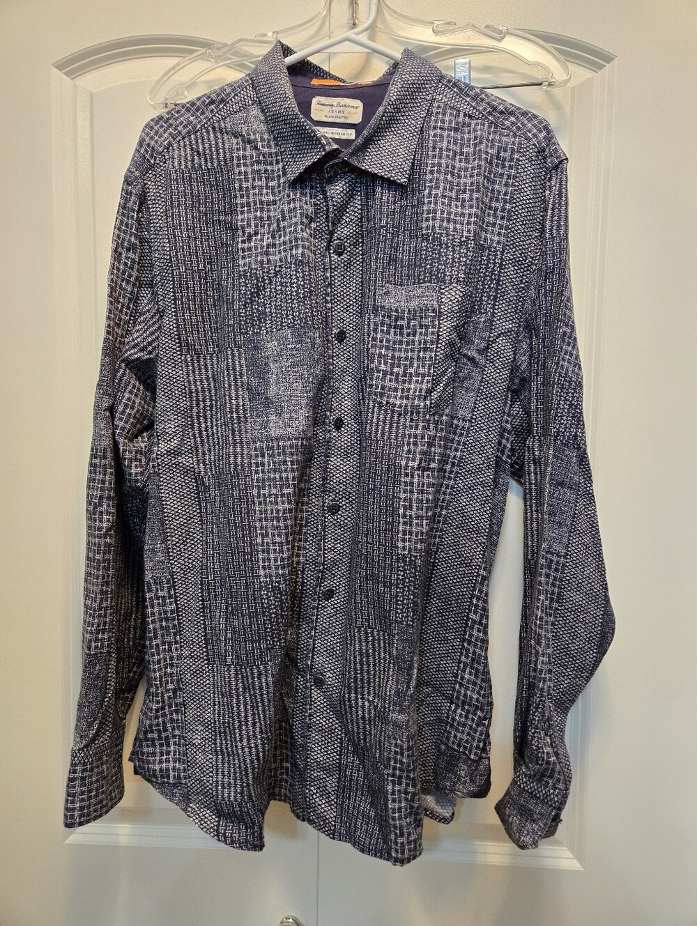 Tommy Bahama Navy and White Geometric Print Long-Sleeve Button-Down Shirt